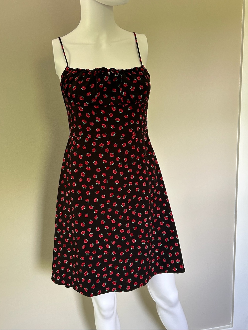 Peiran Black Red Rose Print Mini Dress Floral Cami Dress Smocked Back Size S
